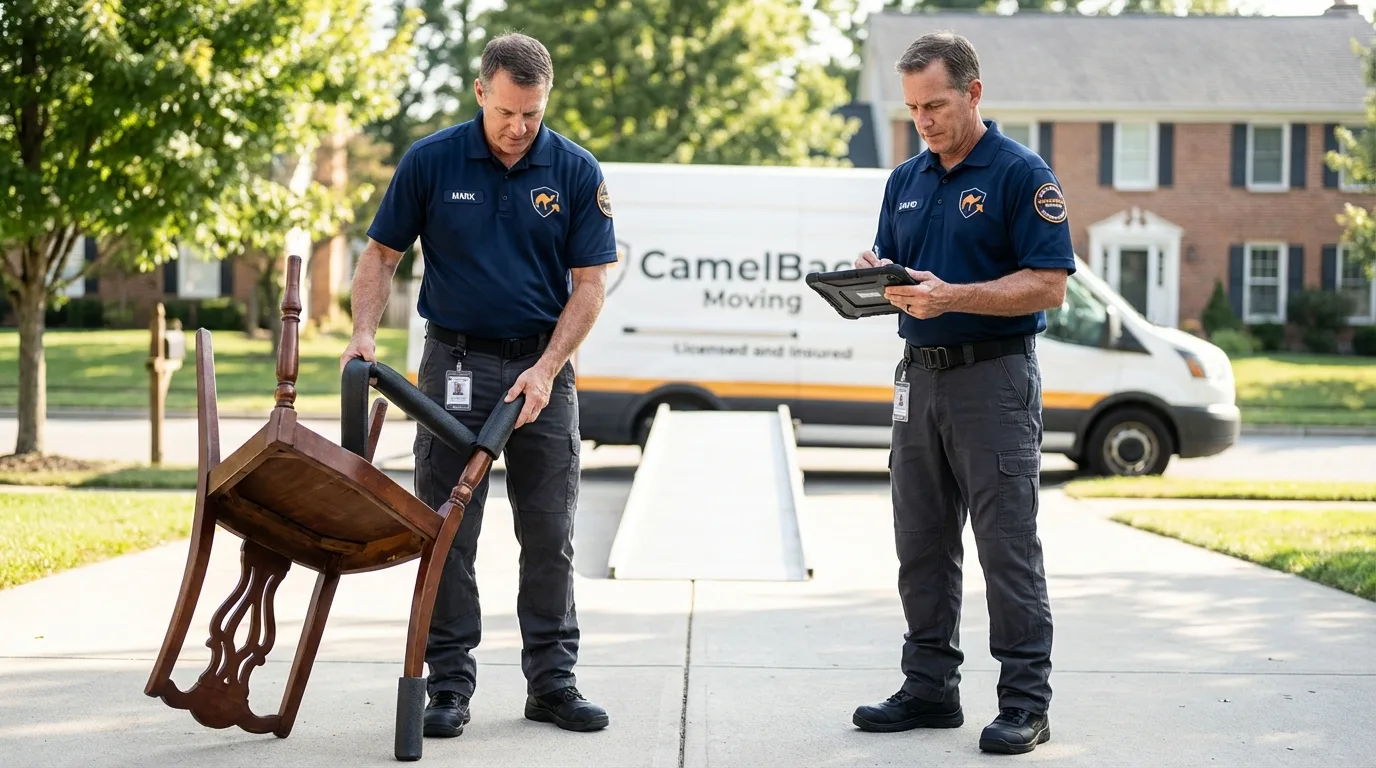 Movers inspecting furniture for damage prevention before loading in Palenville, NY