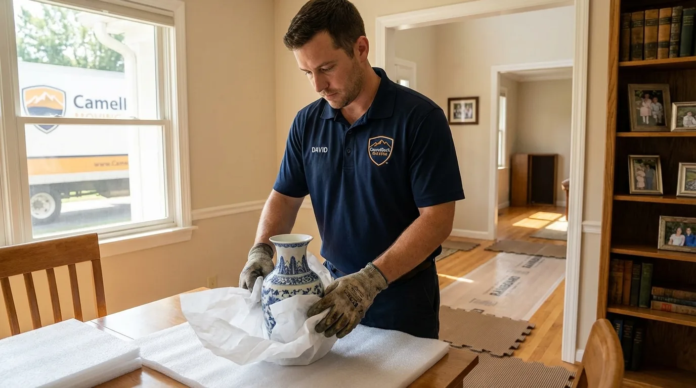 Professional crew carefully wrapping antique vase for senior downsizing move in Palenville, NY